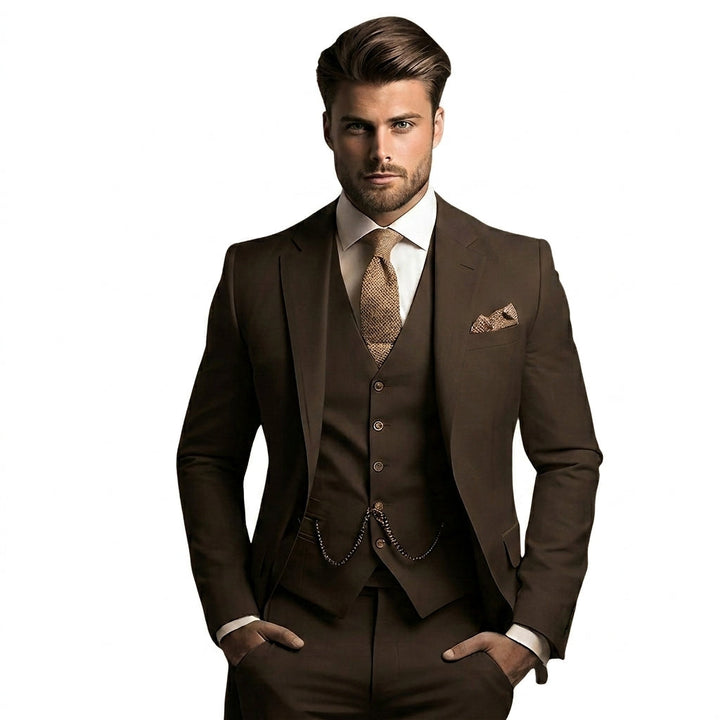 Model i mørkebrunt jakkesæt med vest og lommekæde, hvid skjorte, beige slips og matchende pyntelomme. 4