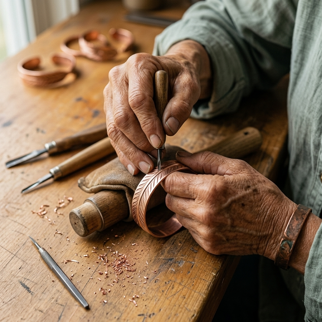 Nærbillede af hænder, der graverer fjermønster i et kobberarmbånd med et værktøj, omgivet af kobberspåner og færdige armbånd. 4