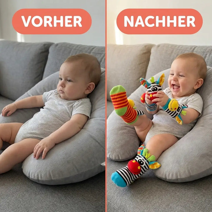 Før og efter: baby i sofaen sidder stille til venstre og griner med rangler om håndled og fødder til højre. 4
