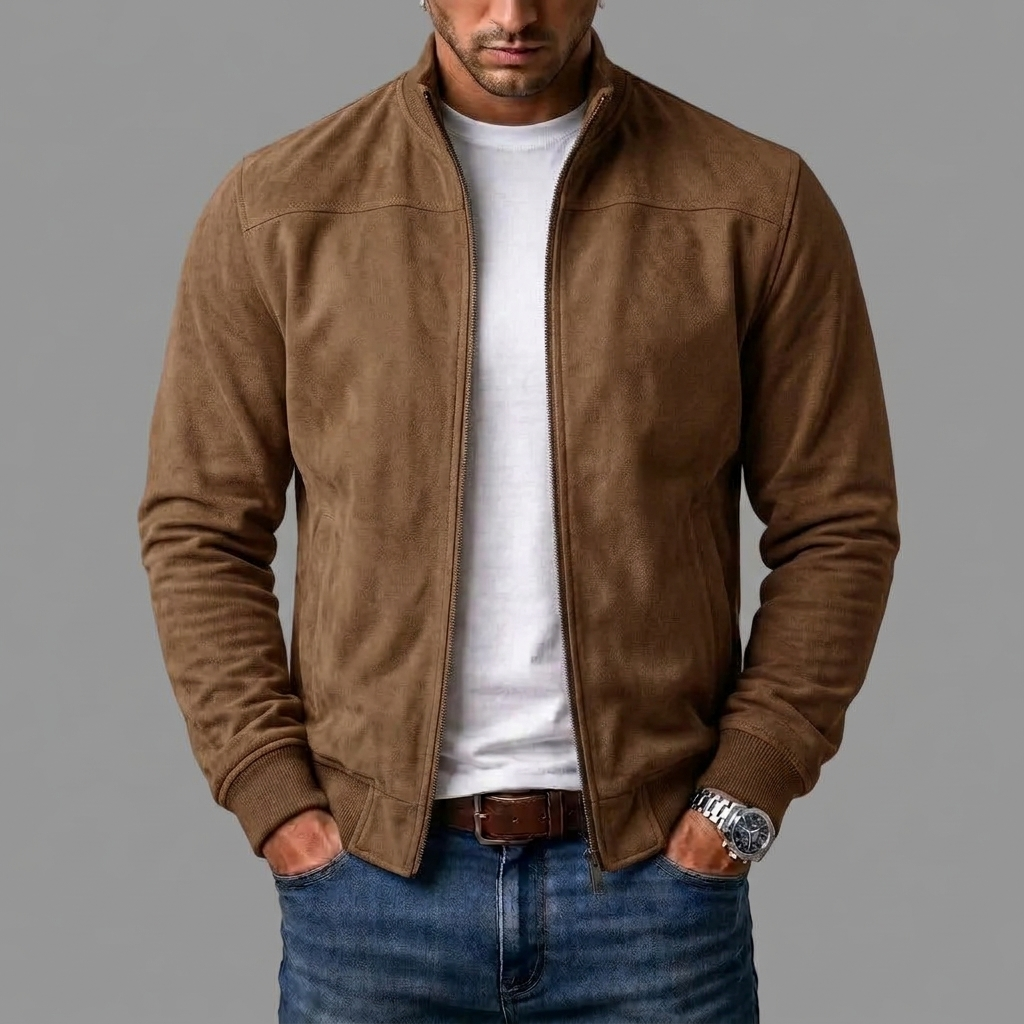 Model i brun jakke i ruskindslook med åben lynlås og ribkant, stylet med hvid t-shirt, jeans og armbåndsur. 5