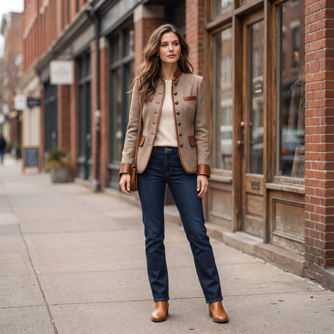 Model går i jakken på en gade med mørkeblå jeans, cremefarvet top, brune ankelstøvler og skuldertaske. 6