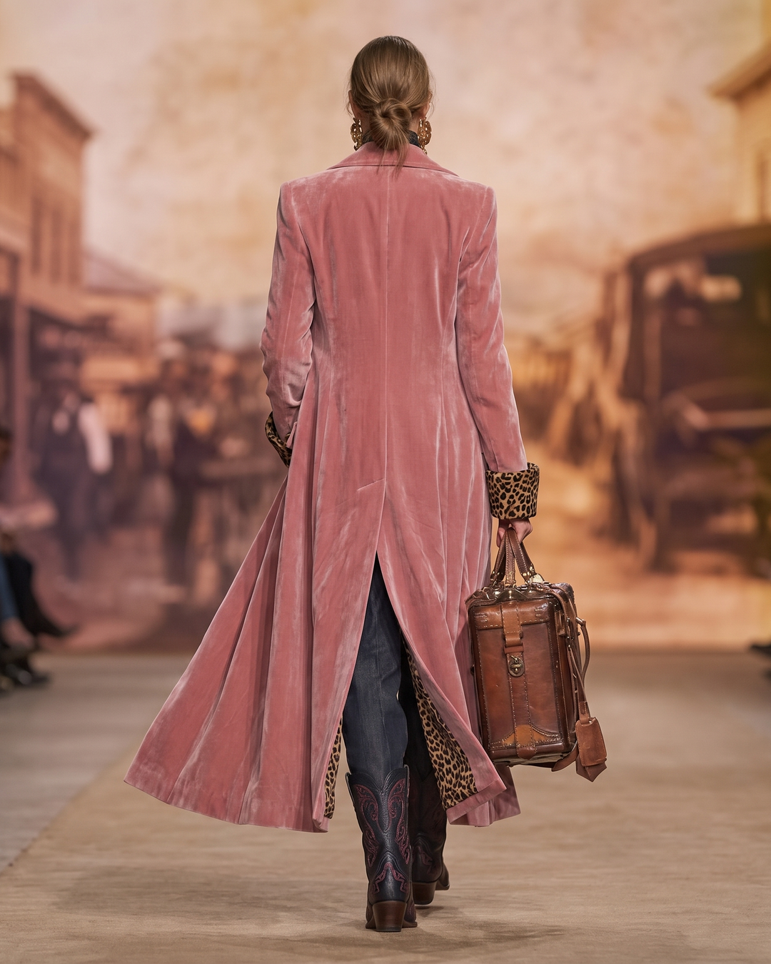 Frakken set bagfra på catwalk med lang slidse i ryggen, der viser leopardfor, og leopardmanchet ved ærmet. 4