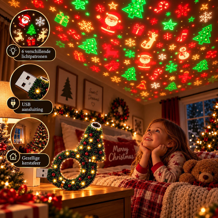 Et smilende barn ligger i sengen og kigger op på julemotiver på loftet fra lampen, der står på natbordet. 6