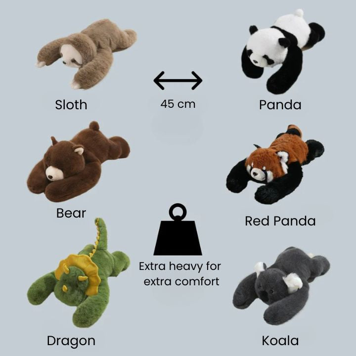 Oversigt over seks krammedyr i serien: dovendyr, panda, bjørn, rød panda, dragon og koala, alle liggende med lange arme. 8