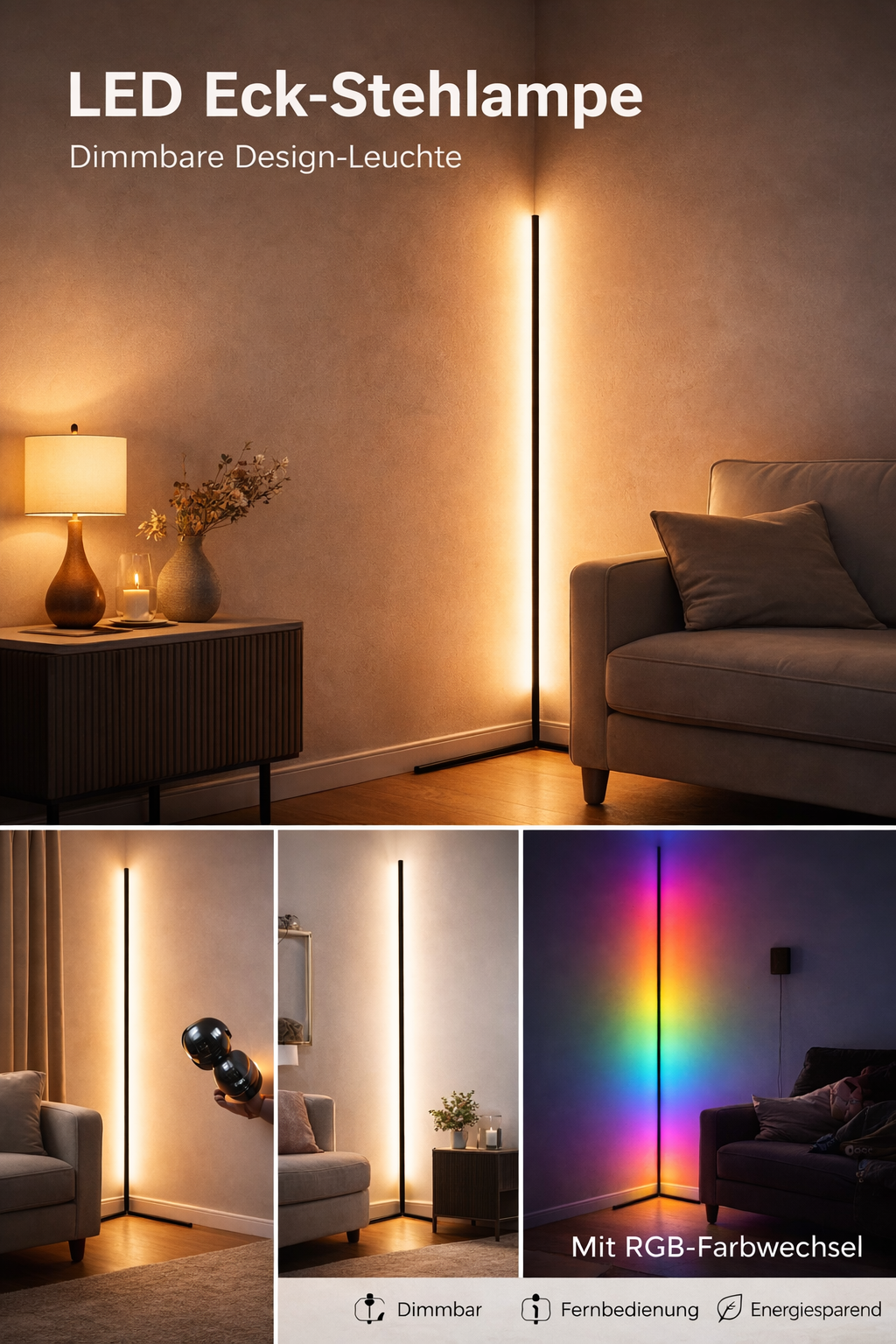 Collage med lampen i varmt lys i stuen, en hånd med fjernbetjening, dæmpet lys og regnbuefarver samt ikoner for funktioner. 12