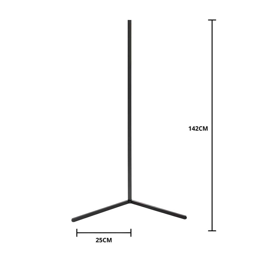 Sort hjørnelampe på hvid baggrund med mål angivet: 142 cm i højden og 25 cm på hver fod. 11