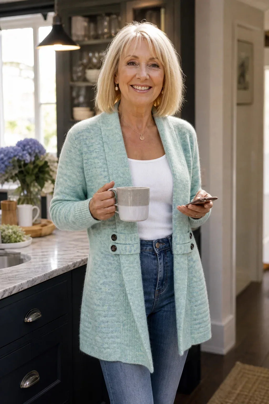 Smilende ældre kvinde i lysegrøn cardigan med hvid top og jeans, med kaffekop i køkkenet 4