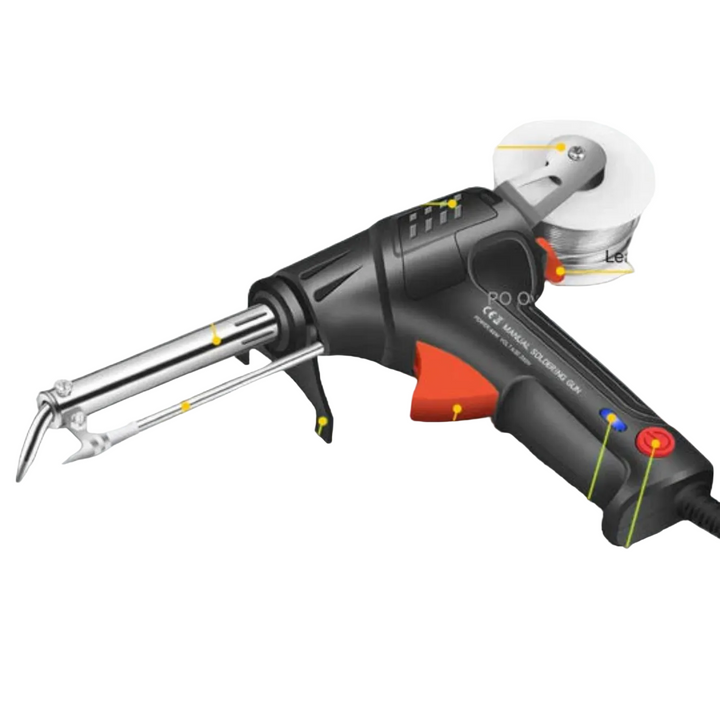 Sort loddepistol med orange aftrækker, rød afbryder og blå indikatorlampe, loddetråd på rulle bag på og buet metalspids foran. 1