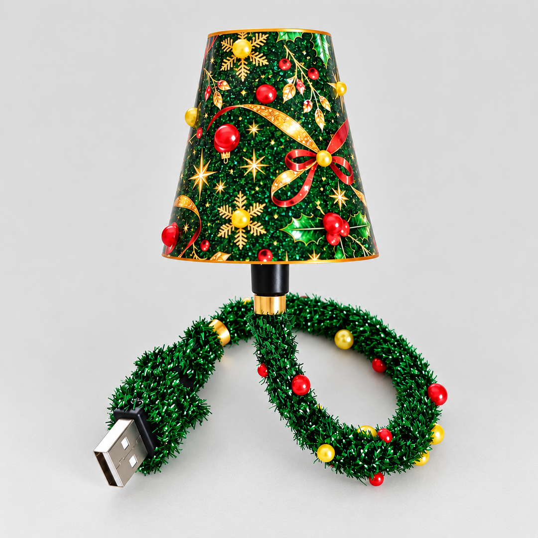 Lampen set fra siden mod neutral baggrund: grøn skærm med guldsnefnug, røde kugler og sløjfe, og USB-kabel med grøn guirlande og perler. 1