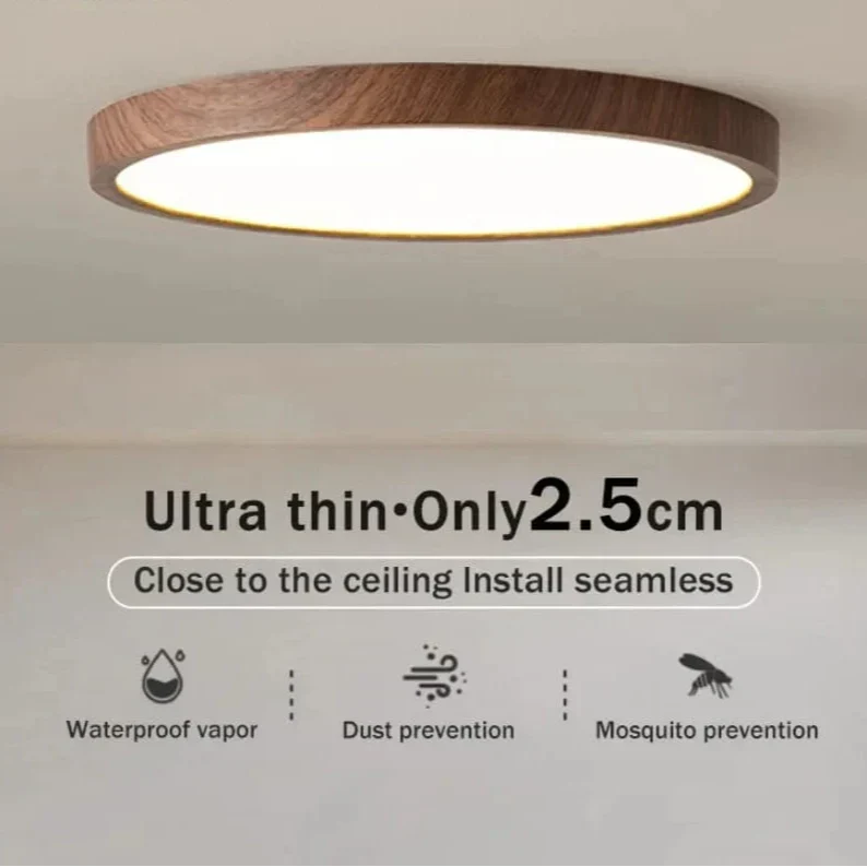 Mørk træfinish lampe tændt i loftet, med ikoner for fugtbeskyttelse, støvbeskyttelse og myggebeskyttelse nedenunder. 15