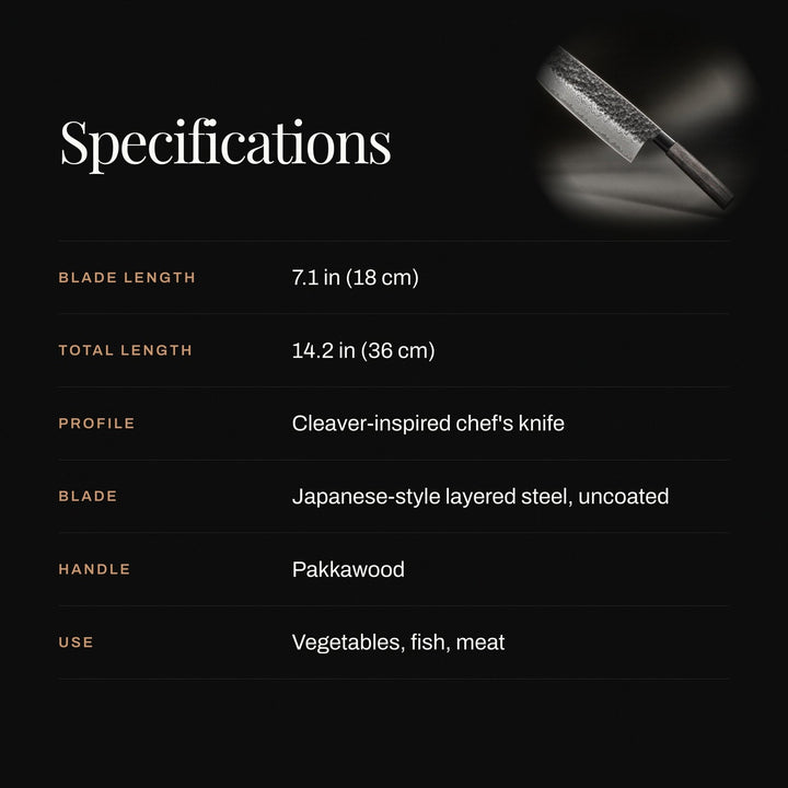 Grafik med knivens specifikationer opstillet som tabel på sort baggrund, med et lille billede af kniven øverst til højre. 4