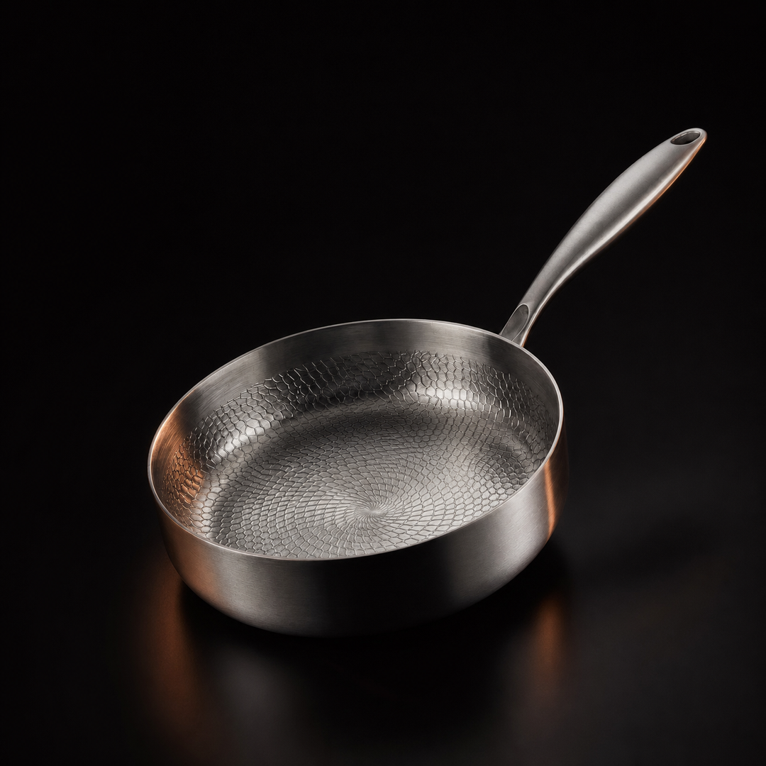 Stegepande set fra oven med det slangeskindslignende mønster i bunden og børstet metalhåndtag mod sort baggrund 1