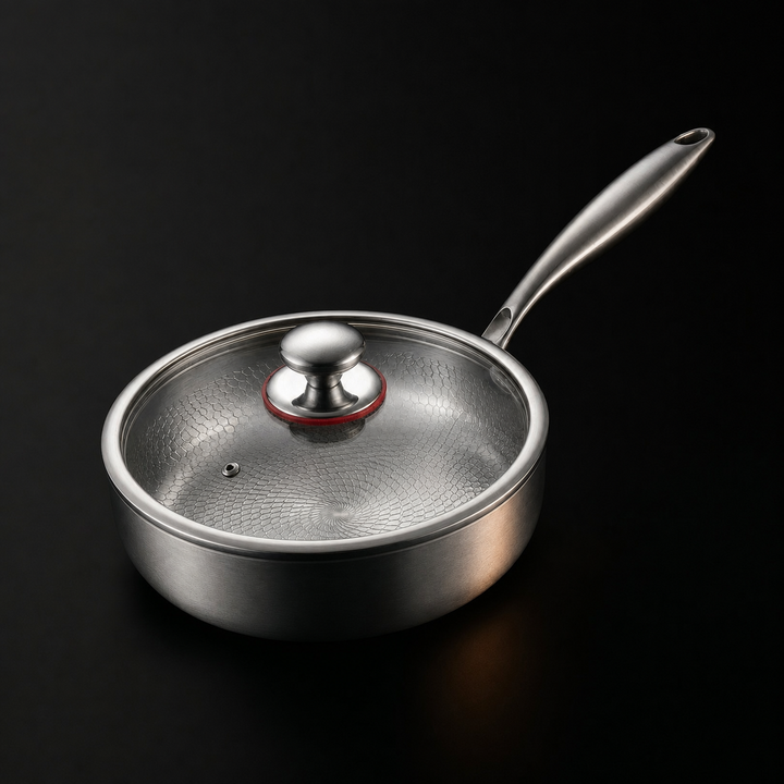 Stegepande med glaslåg og metalknop, mønstret i bunden kan ses gennem låget 3