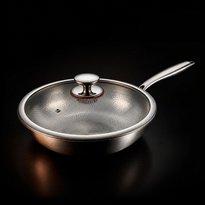 Wokken med glaslåg og blank metalknop, set skråt fra siden; det hamrede mønster kan ses gennem glasset. 3