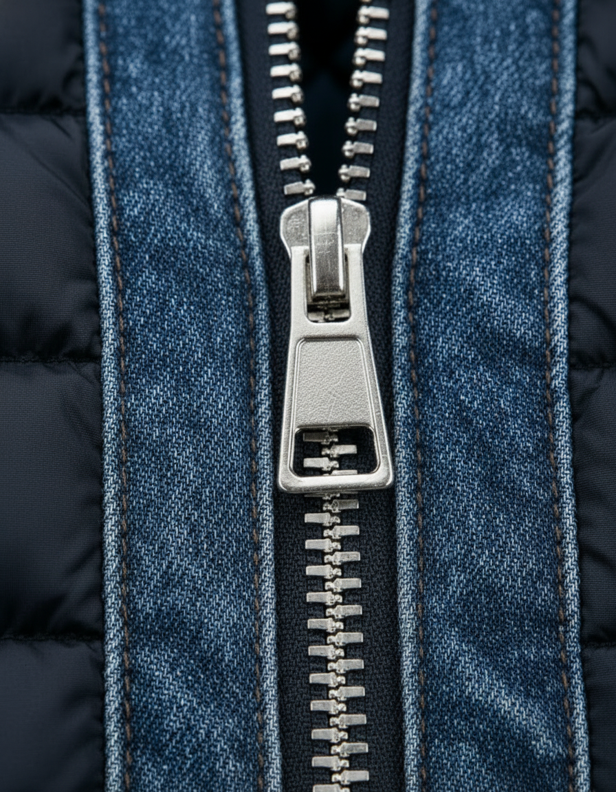 Tæt på lynlåsen med sølvfarvet lynlåshoved midt på en slidt blå denimkant med synlige sømme. 4