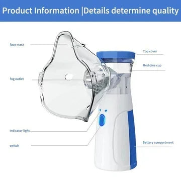Nebulisator med maske og pile, der markerer delene: topdæksel, medicinbæger, tågeudgang, indikatorlys, tænd-knap og batterirum. 5
