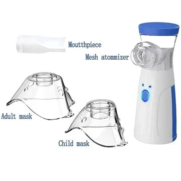 Nebulisatoren sammen med munstykke, voksenmaske og børnemaske, hver tydeligt placeret og mærket på hvid baggrund. 7