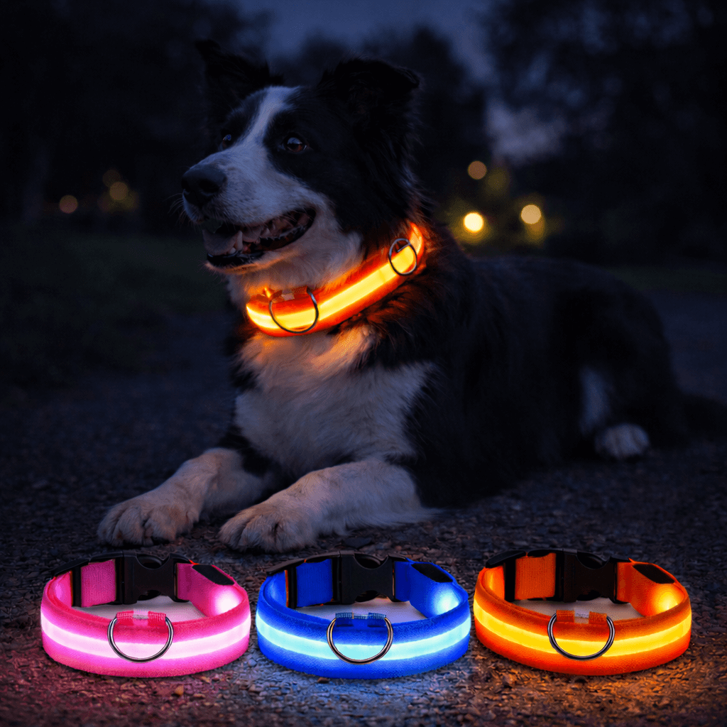 Border collie ligger i mørket med lysende orange halsbånd, mens et lyserødt, et blåt og et orange halsbånd lyser foran. 3