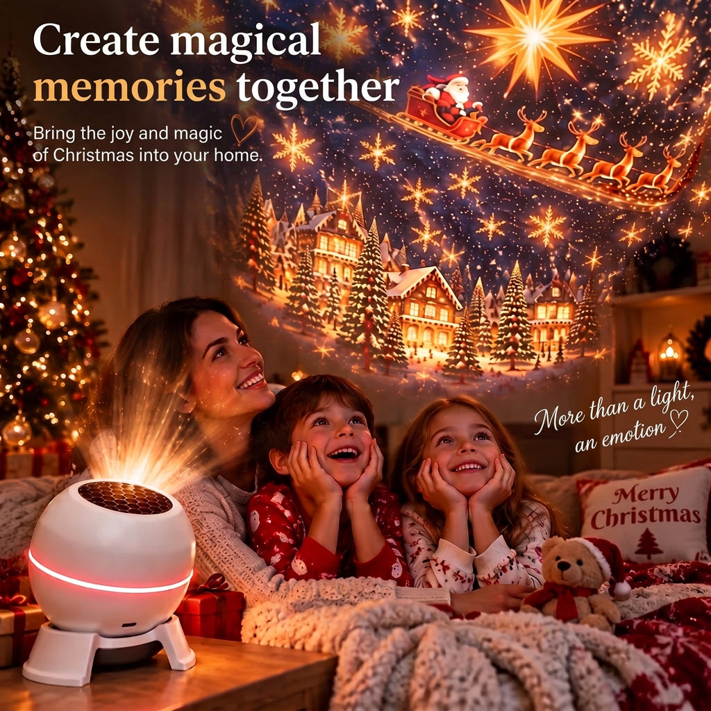 En mor og to smilende børn i julepyjamas ligger under et tæppe og ser på projektorens glitrende julebilleder på væggen. 4