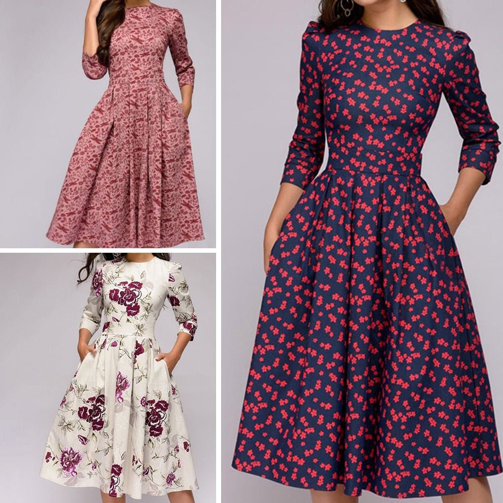 Retro kjole med efterårsblomsterprint – Florina