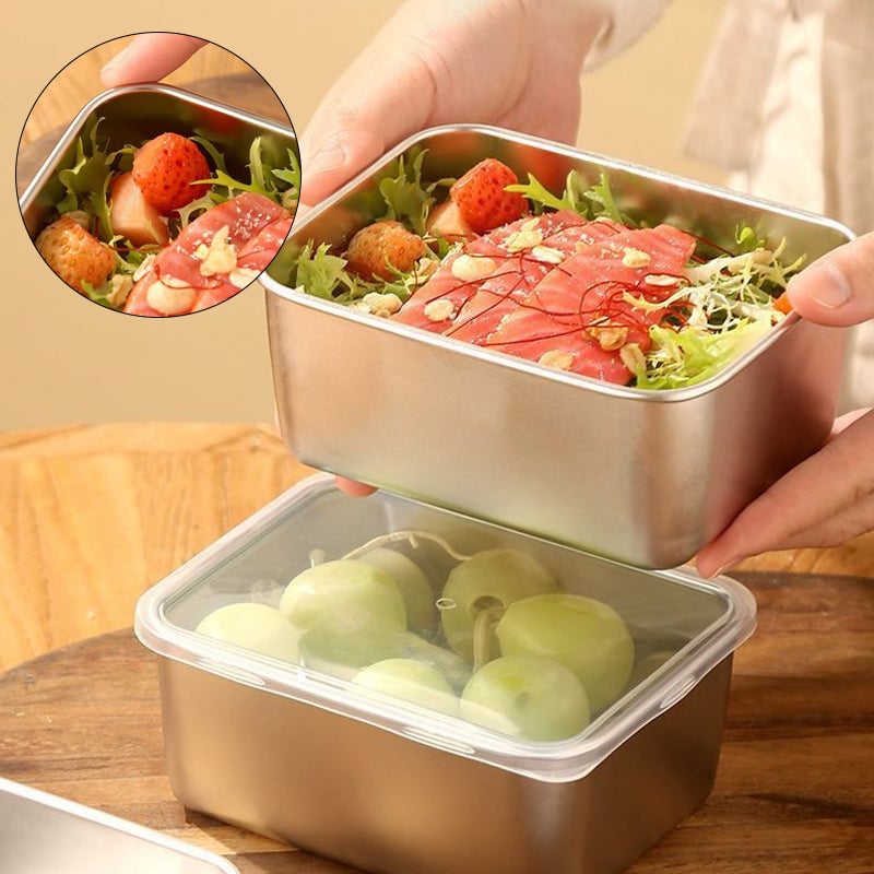Hænder holder en rustfri stålbeholder med salat og laks oven på en anden beholder med gennemsigtigt låg og druer. 1