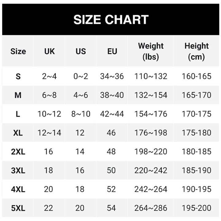 Størrelsestabel med UK-, US- og EU-størrelser samt vægt og højde for størrelserne S til 5XL. 12