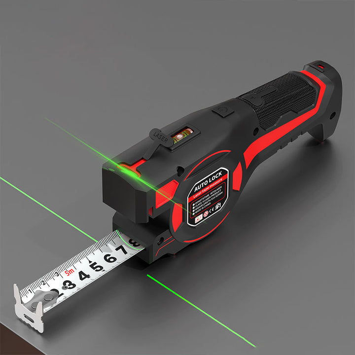 Rød og sort målebånd med grøn laserlinje, der krydser en grå flade, båndet trukket ud 1