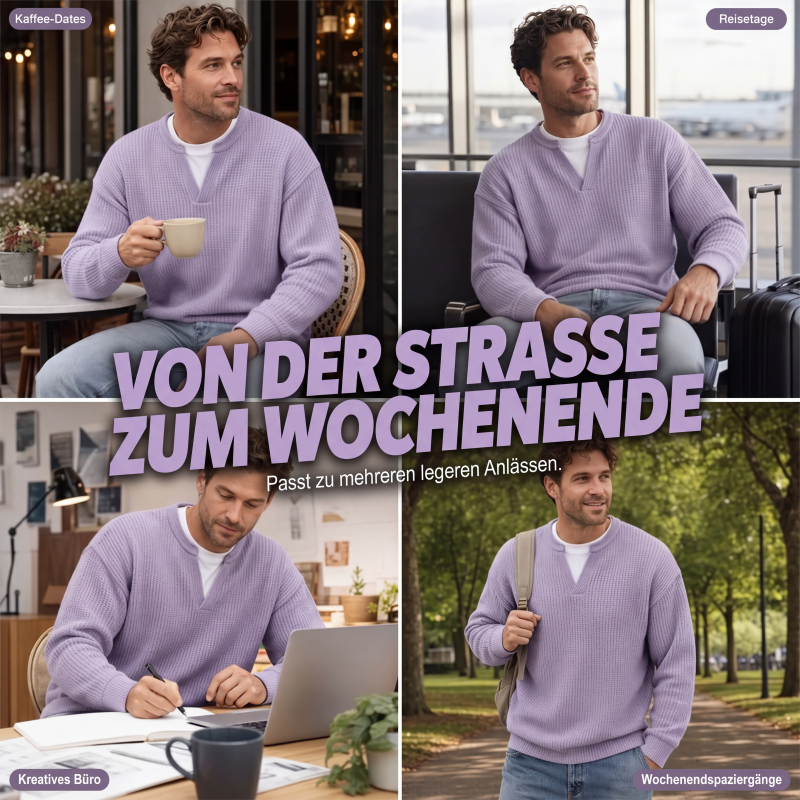 Collage med fire situationer: kaffe på café, rejse i lufthavn, arbejde ved computer og gåtur i park. 7
