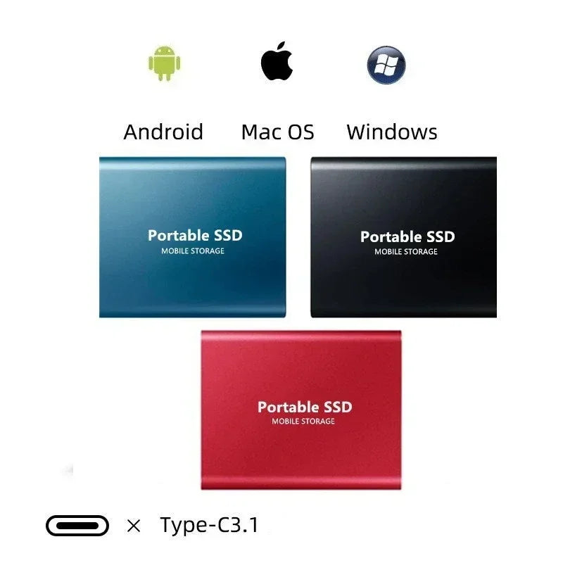 Tre eksterne SSD-drev i blå, sort og rød ved siden af ikoner for Android, Mac og Windows samt USB-C-stik. 2