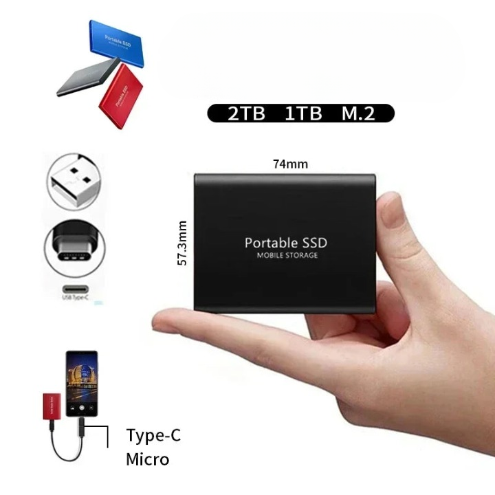 Sort SSD holdt i en hånd for at vise størrelsen, med mål på siderne og stikoversigt til USB og USB-C. 4