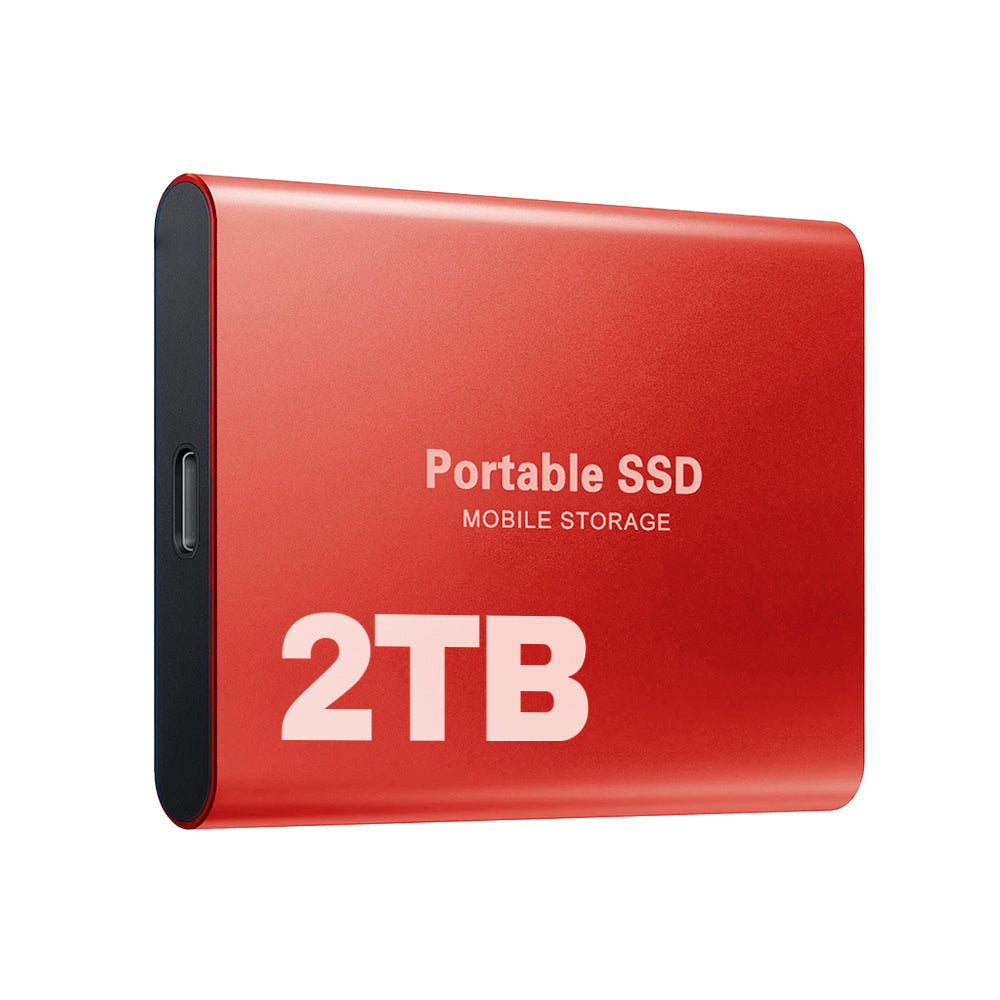 Rød ekstern SSD set på skrå med USB-C-port i siden og 2 TB-markering på forsiden. 8