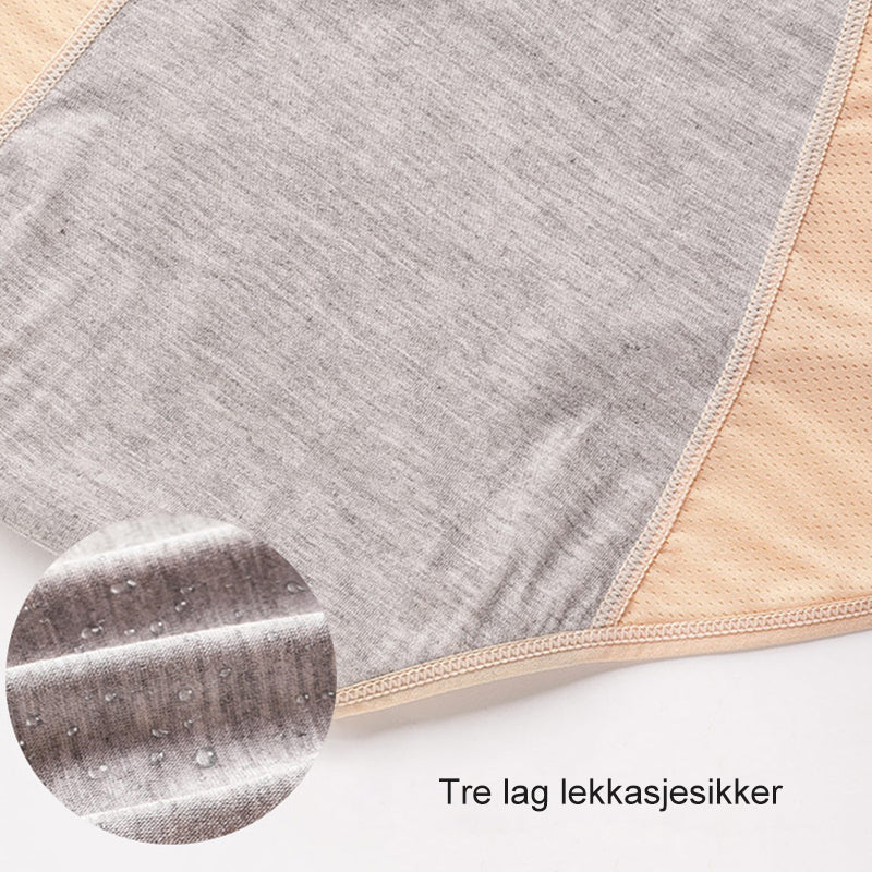 Nærbillede af grå stoflag i beige trusse med forstørret udsnit af vanddråber på stoffet, der viser lagene. 12
