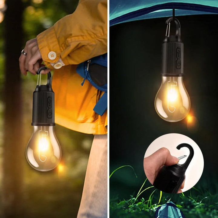 Collage: lampen båret i hånden, hængt under et telt og karabinkrogen i detaljer 3