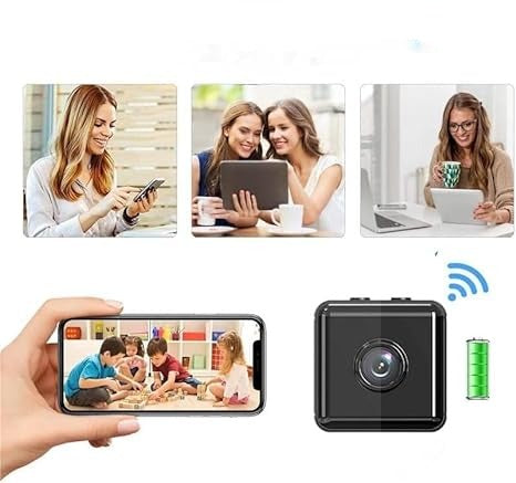 Kameraet set forfra med linse, WiFi-symbol og batteriindikator, omgivet af eksempler på brug til mobil, tablet og computer. 3